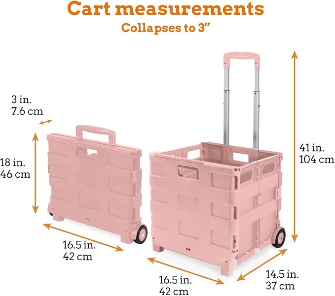 Ultra-Slim Rolling Collapsible Storage Pack-N-Roll Utility-carts, with Telescopic Handle, for Home, Garden, Shopping, Office, School use, Large, Raspberry Pink