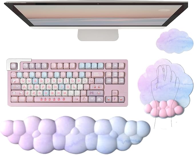 Cloud Wrist Rest Keyboard Ergonomic Mouse Pad with Wrist Rest for Keyboard and Mouse Pad Set Memory Foam PU Base Wrist Support for Computer Gaming Home Office Relief Pain Gradient Blue Pink