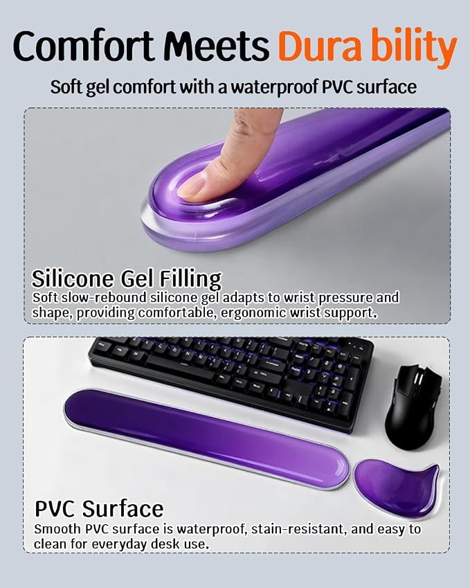Clear Gel Keyboard Wrist Rest with Mouse Pad Wrist Support, Ergonomic Wrist Rest for Computer Keyboard and Mouse, Non-Slip Cooling Keyboard Pad for Office, Gaming & Laptop (Purple)