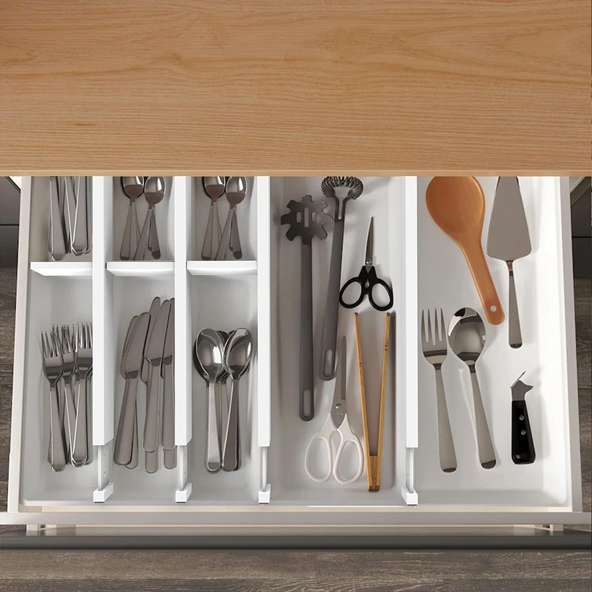 ANTOWIN Bamboo Drawer Dividers Organizers, Expandable Drawer Separators Splitter,17-22 inches Long Adjustable Spring-loaded Organizer for Large Utensil, Clothes, Tools Drawers (White)