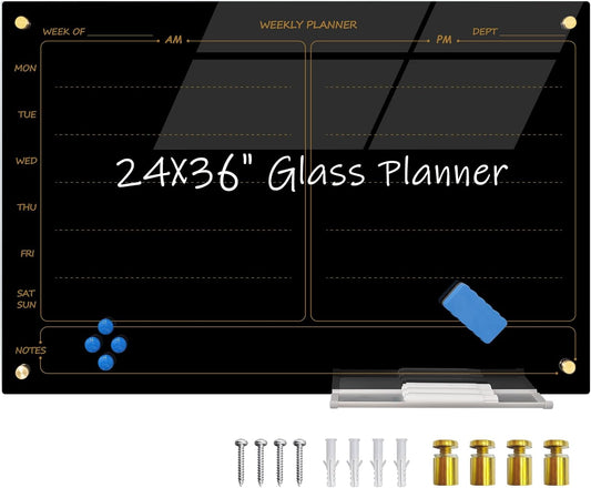 Magnetic Planner Writeboard 24"X36" Weekly Glass Calendar Black Glassboard Premium Tempered Dry Erase Boards Frameless Wall Mounted (Black)