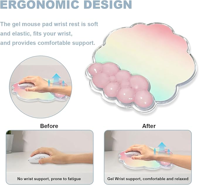 Sumgsn Gel Wrist Rest Set, Ergonomic Clear Cooling Wrist Rest Support Set with Non-Slip Base for Computer/Laptop/Gaming/Home/Office/Typing Pain Relief (Cloud Shape, Light Blue and Pink)