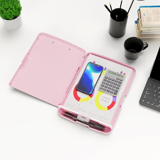 Hongri Clipboard with Storage with Pencil Case, 8.5 x 11 Storage Clip Board | High Capacity Organization Box for A4 Letter Legal Paper, Heavy Duty Folio & Side-Opening for Nurses, Teachers, Pink