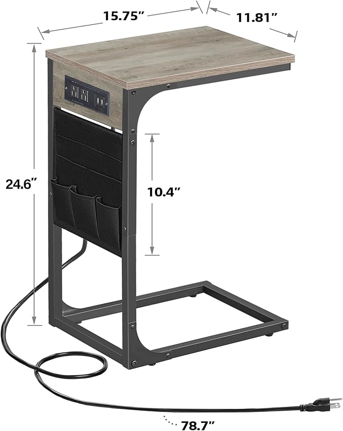 TUTOTAK C Shaped End Table with Charging Station, Side Table for Sofa | Couch Table with Storage Bag, TV Tray with 2 USB Ports and Outlets, Set of 2, Living Room and Bedroom, Greige TB01BG0242