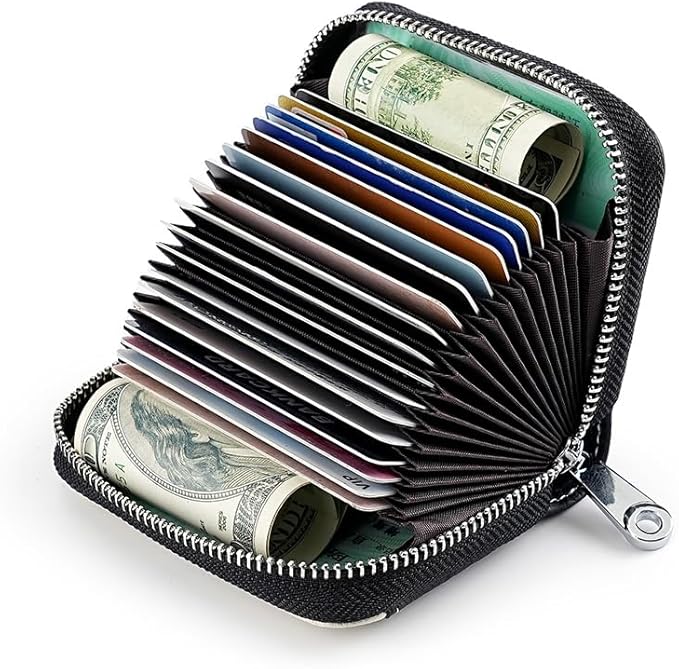Linno RFID 20 Slots Credit Card Holder Genuine Leather Small Wallet for Women or Men with Zipper