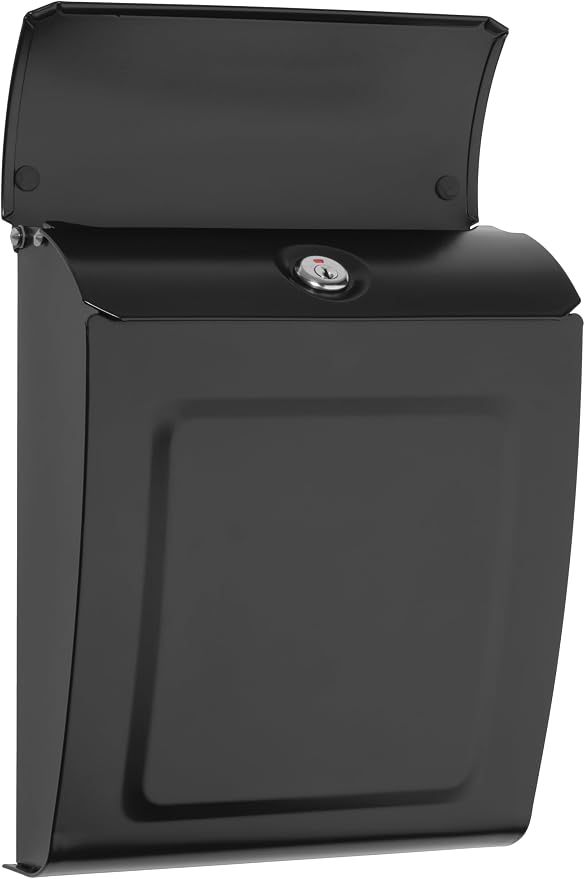 Architectural Mailboxes Aspen Locking Wall Mount Mailbox, Black, Small | Galvanized steel build with a concealed lock and key drop box and weather-resistant outdoor construction.