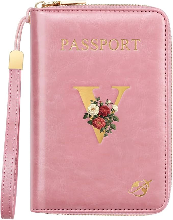Passport Holder for Travel Personalized Wallet with Wristlet Women | All-in-One Passport Cover, RFID Blocking, Back Coin Pocket, Paper Money Slot, Zipper Closure, Roses Initial Letter, Pink V
