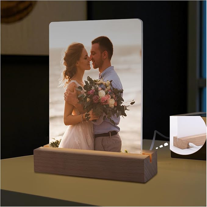2 Pack 5" x 7" sublimation led acrylic photo frames night lights blanks heart shape,with Warm Color Light with Wood Stand for Heat Press Machine Printing