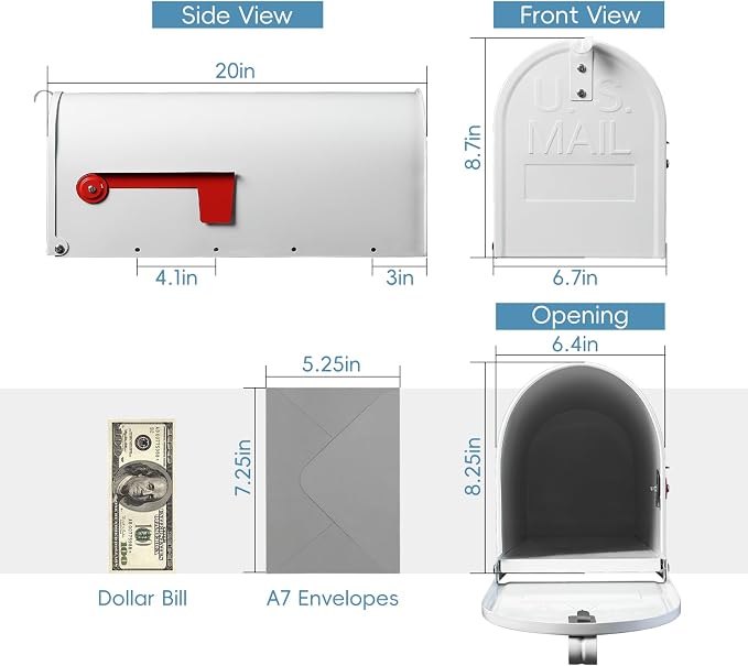 BlissBoard Metal Mailboxes Post Mount, Galvanized Steel Outside Mail Box, Standard Medium Capacity, 20 x 8.7 x 6.7 Inches, White