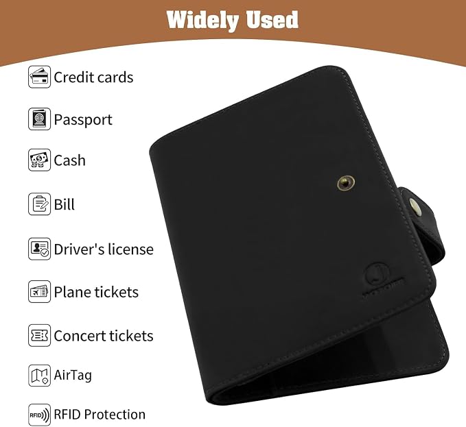 Jack&Chris Genuine Leather Handmade Passport Holder For Travel, RFID Blocking Passport Holder with Card Slots, Travel Essentials wallet with Pen Holder for Women and Men for Gifting, Black