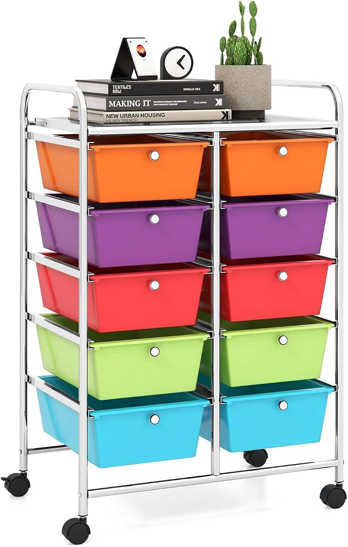 10 Drawer Rolling Cart, Storage Cart Organizer on Wheels, Drawer Cart with Metal Frame & Large Storage Capacity, Rolling Cart with Drawers for Living Room Classroom, Office