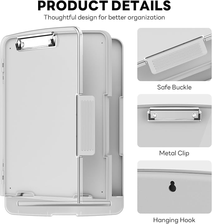 Clipboard with Storage and Pen Holder, Gray 8.5 x 11'' Folder Side Open, Heavy Duty with Dual Compartment, Clear Dry Erase for Coach, Size 14.5 x 9.8 x 1.5'', Office & School Supply