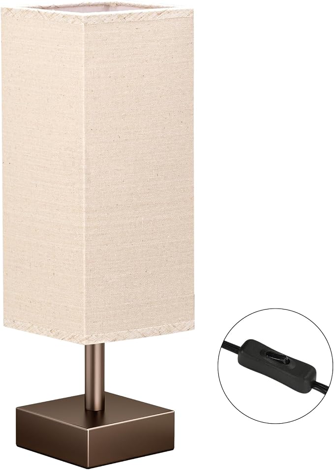 aooshine Browm Small Bedside Lamp for Bedroom - Square Beige Fabric Shade | Inline Rocker Switch, Corded Electric, Bulb Not Included, 12.8" Mini Table Lamp for Nightstand, Desk, Dorm, Office