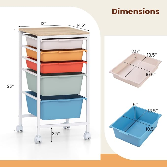 Giantex Rolling Storage Cart with 5 Drawers, Utility Cart w/Wooden Tabletop, Lockable Wheels, Multipurpose Organizer for Art Craft Books Paper, Drawer Carts for Dorm Classroom Office, Macaron