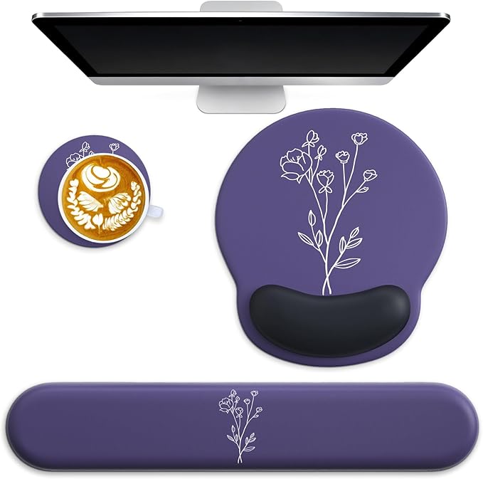 3 in 1 Ergonomic Mouse Pad and Keyboard Wrist Rest with Coaster Set-Purple | Cute Large Mousepad with Gel Wrist Support for Gaming Computer Laptop Women Office Home Desk Decor