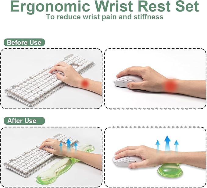 Ergonomic Gel Keyboard and Mouse Wrist Rest Set – 17.12inch Longer Wrist Rest for Full-Sized Computer Keyboard, Comfort & Support for Typing and Gaming (Green)
