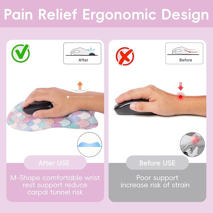 Mouse Pad with Wrist Rest Ergonomic Mouse Pad with Comfortable M-Shape Pain Relief Wrist Support Non-Slip PU Base Mousepad for Laptop, Office & Home (Candy Mermaid)