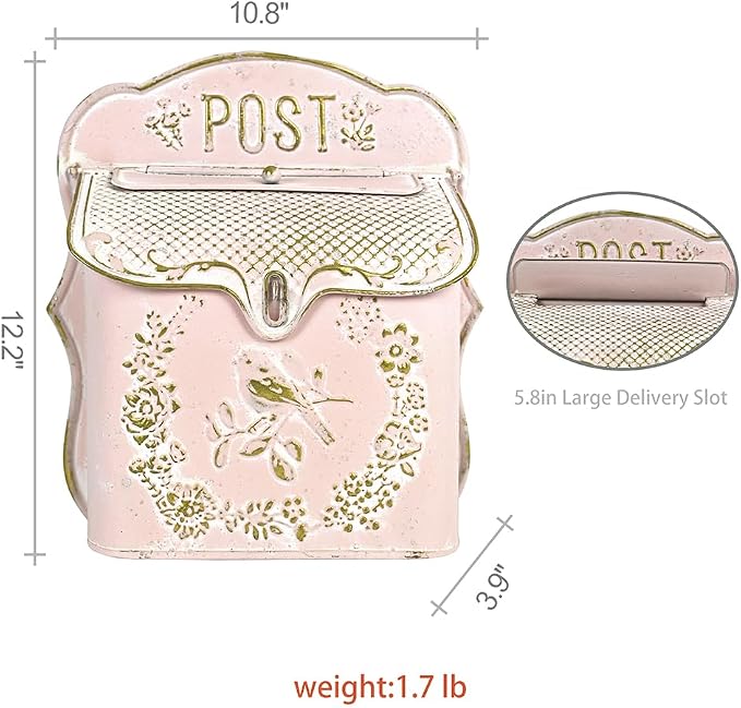 Wall Mount Mailboxes for Outside Vintage Mail Boxes for House Outside Metal Door Mailbox Drop Box Antique Style Nostalgic Charm Home Decorative, Pink