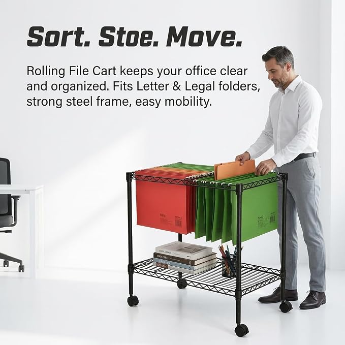 Finnhomy Premium 1-Tier Metal Rolling File Cart for Letter Size and Legal Size Folder, Black