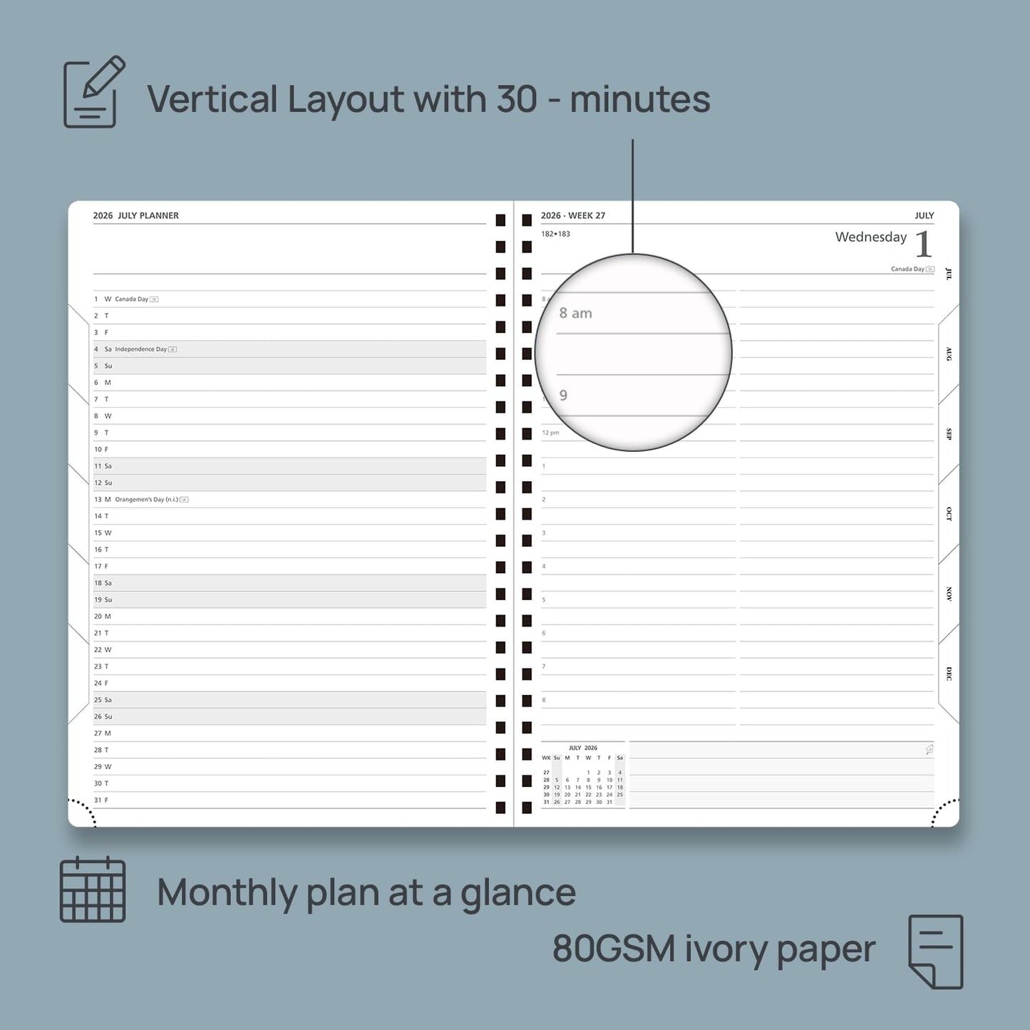 POPRUN 2026 Daily Planner One Page A Day - [A4 Large Size 8.25" x 12" -Spiral Hard Cover], Agenda 2026 Hourly Appointment Book with Monthly Calendar, Pen Holder, Ivory Paper -Haze Blue