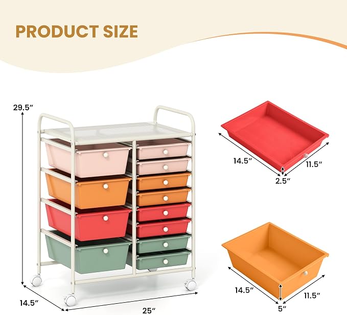 COSTWAY 12 Drawer Rolling Storage Cart, Utility Cart with Metal Frame | Mobile Art Supply Craft Organizer, Multipurpose Storage Organizer for Paper, Office, School Teacher, Classroom, Macaron