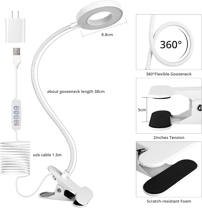 Woputne Desk Lamp Clip on Desk Reading Lights for Books in Bed (White) | With 5V 2A Adapter, 10 Dimmable Brightness 3 Modes, Clip on Light for Reading Home Office,Bed Headboard, Craft