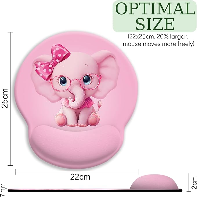 LIMKRIAN Pink Elephant Ergonomic Mouse Pad with Wrist Rest, 9.8 x 8.6 in | Non-Slip PU Base, Smooth Surface, Comfort Gel Wrist Support, Pain Relief, Cute Pink Office Desk Accessories Decor for Women