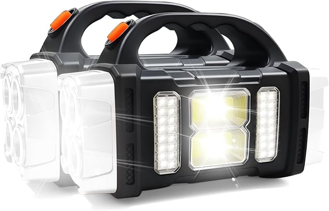 Solar Handheld Flashlight, 4 Lighting Modes Rechargeable LED Work Light, USB-C & Solar Powered Portable Lantern,Emergency Camping Light for Outdoor, Hiking, Power Outage (Silver-2pcs)