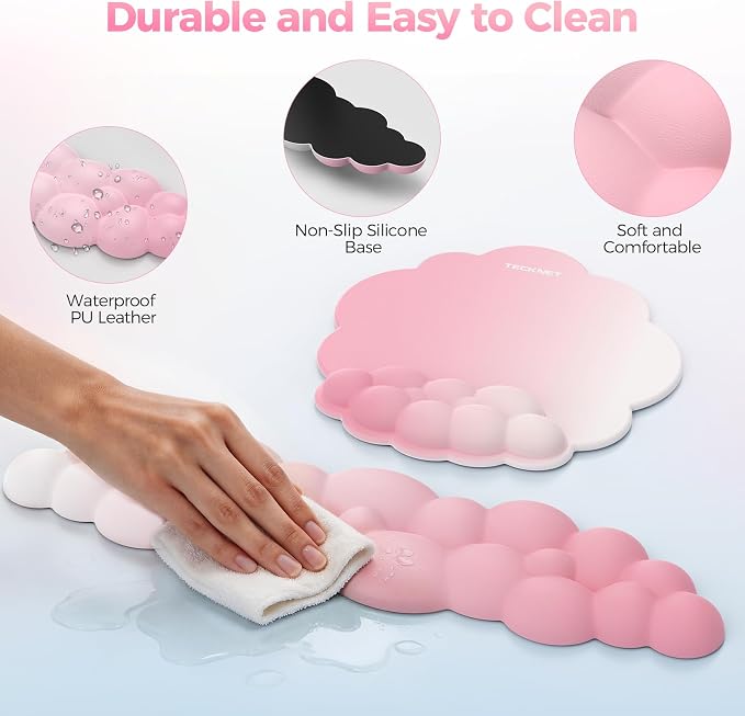 TECKNET Cloud Wrist Rest & Ergonomic Mouse Pad, Cloud Keyboard Wrist Rest with Non-Slip Base, PU Leather Memory Foam Wrist Pad for Keyboard and Mouse, Pain Relief for Typing, Gaming, Pink