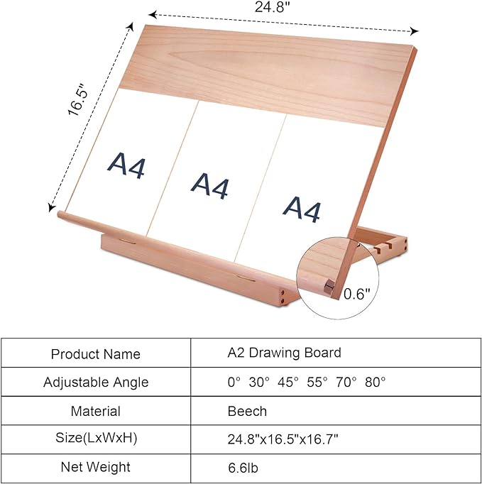 Miratuso Large Drawing & Sketching Board, Art Tabletop Easel Painting Easel | 24.8" L x 16.5" W (A2), 6 Adjustable Angles, Foldable, Portable Multiple Use, Gift for Artists, Children, Beginners & Student