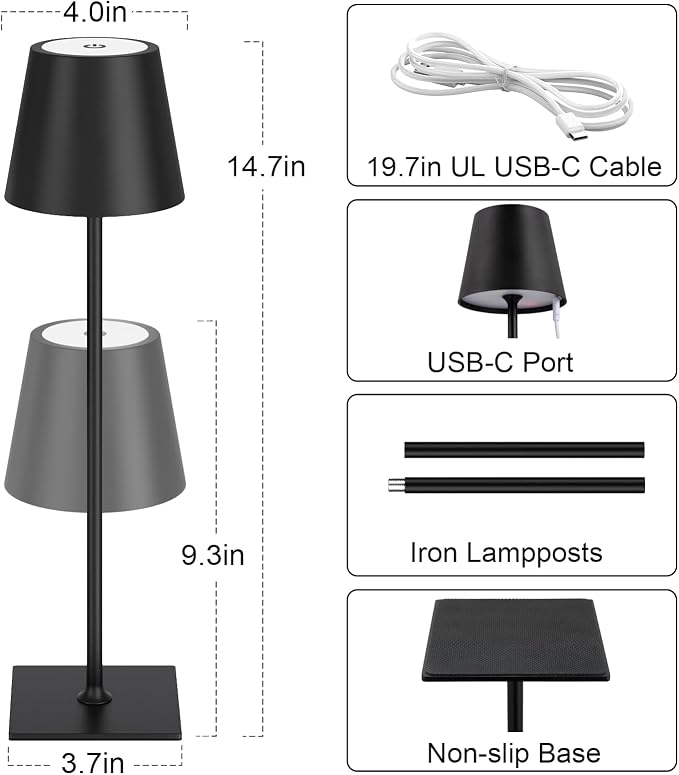 Kakanuo Cordless Rechargeable Table Lamp Black 5000mAh Battery Operated Lamps, 3 Colors Stepless Dimming Touch Lamp for Dining, Living Room, Outdoor Patio, Kitchen Counter, 4 Pack