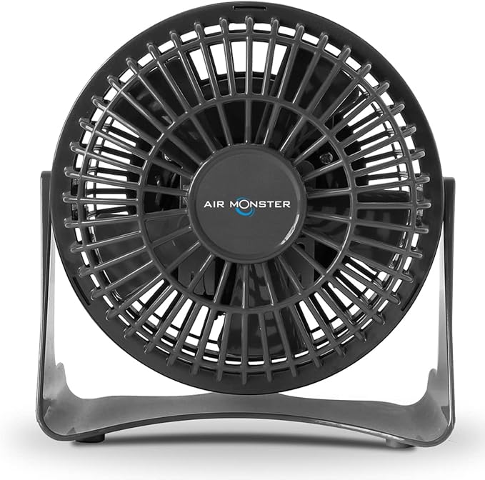 Air Monster 4 Inch Small Desk Fan Quiet, Small Fan, Table Fan, Bedside Fan, Small Plug in Fan, Dorm Fan with 1 Speed Setting, Adjustable Tilt, ETL, Black with Fused UL Plug