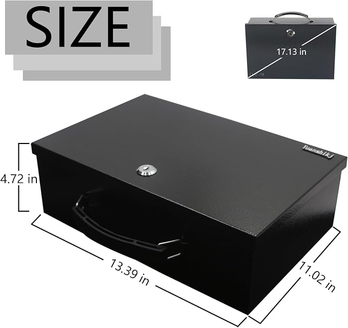 Yuanshikj Fireproof Key Lock Steel Security Safe Box, 0.38 Cu Ft, Black | Portable,Fire Resistance,13.2" W x 11" D x 4.5" H,With Carrying Handle, for Personal Items, Documents,Cash,Jewelry, Money