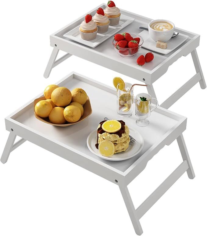 Youpehom Bamboo Bed Tray Tables with Folding Legs, Medium, 2-Pack, White | Two bamboo bed trays with folding legs and handles for meals, laptops, reading and serving in bed or on a sofa.
