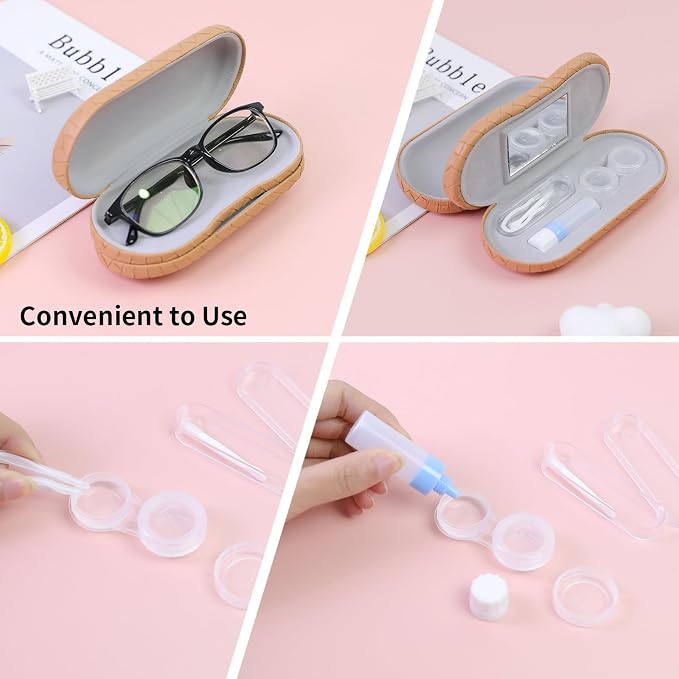 2 in 1 Contact Lens Case and Eyeglasses Case for Women Men Kids, Double Sided Hard Shell Portable Glasses Travel Holder with Built-in Mirror, Contact Lens Box Storage Kit, Coffee