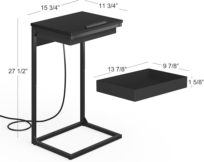 sthmec C Shaped End Table with Charging Station,45° Tiltable Adjustable Flip Top Side Table Set of 2,Small C Table Set 2 for Small Spaces,Slide Under Couch Sofa Bedside Table Living Room, Black