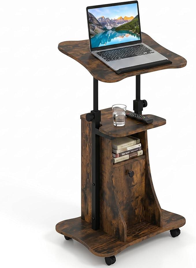 Tangkula Rolling Lectern Podium Stand, Height Adjustable Laptop Table with Tilting Tabletop & Storage Shelves, Compact Standing Desk with Lockable Casters for Home Office School (Rustic Brown)