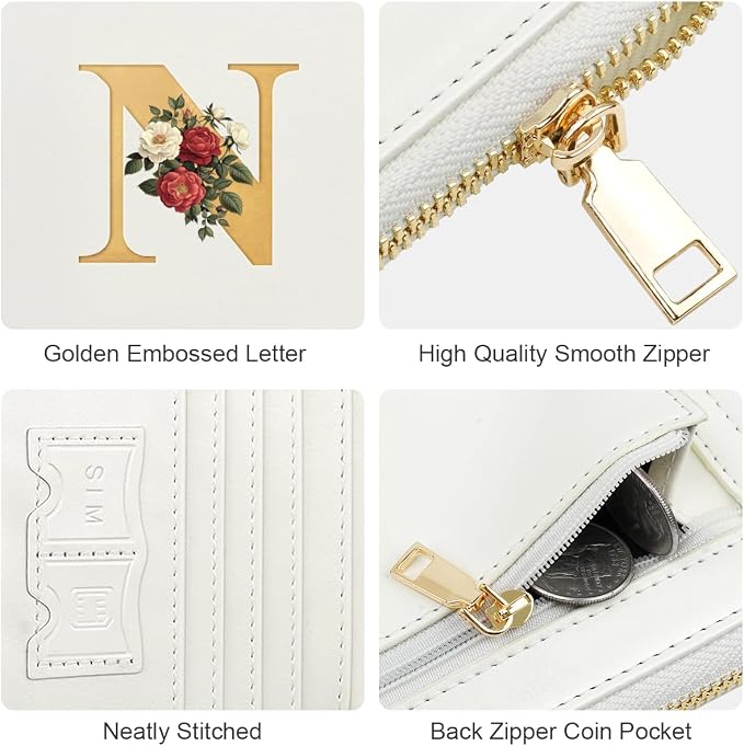Passport Holder for Travel Personalized Wallet with Wristlet Women | All-in-One Passport Cover, RFID Blocking, Back Coin Pocket, Paper Money Slot, Zipper Closure, Roses Initial Letter, White N