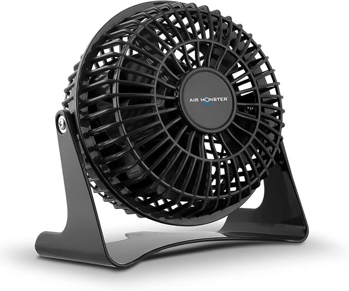 Air Monster 4 Inch Small Desk Fan Quiet, Small Fan, Table Fan, Bedside Fan, Small Plug in Fan, Dorm Fan with 1 Speed Setting, Adjustable Tilt, ETL, Black with Fused UL Plug