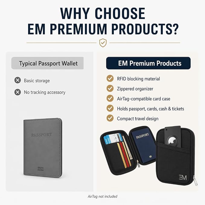 EM RFID Passport Holder with Zipper for Travel, AirTag Card Case, Black | Ideal for 1 passport, cards, cash, ID and boarding pass. Size: 4.7 x 0.8 x 6.1 in (L x W x H) with discreet AirTag pocket