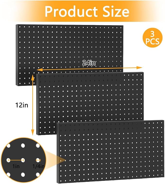 3pcs Heavy Duty Metal Pegboard Panels Black Pegboard | Garage Wall Mounted Tool Organizer for Garage, Workshop Storage and Workbench (12" x 24")