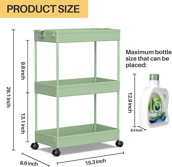 SPACEKEEPER 3 Tier Rolling Cart, Bathroom Cart Organizer with Wheels, Green | Mobile Storage Cart for Laundry Room Organization,Kitchen,Office,Bathroom, Utility Cart for Snack,Craft,Art,Makeup,Nail,Toys