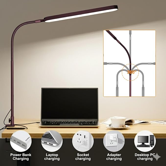 LED Desk Lamp - Desk Light for Home Office - Flexible Gooseneck - 5 Color Modes X 11 Brightness Levels - 1300LM - Timmer & Memory Function - 12W Clip on Light - Red