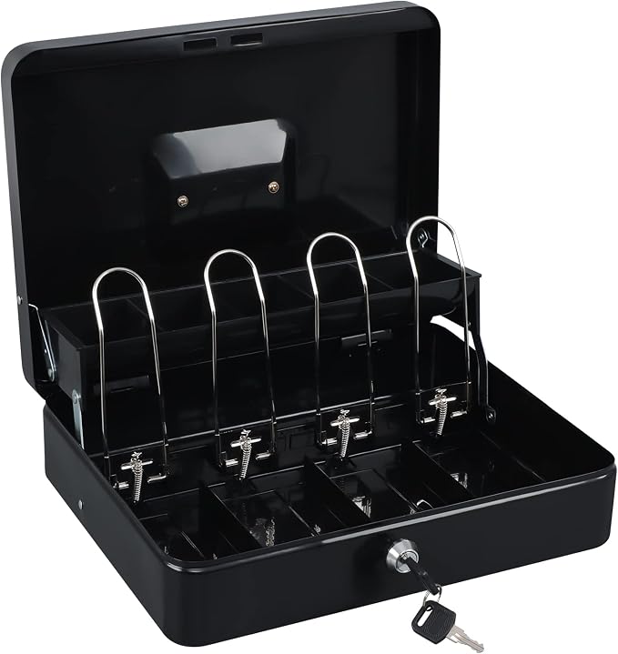 xydled Cash Box with Money Tray and Key Lock,Tiered, Cantilever Design,4 Bill / 5 Coin Slots,11.8" x 9.5" x 3.5",Black