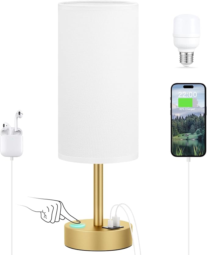 Dicoool Bedside Table Lamp for Bedroom - 3-Way Dimmable Touch Lamp, USB A+C | LED Bulb Included, 14" Small Nightstand Lamp for Desk, Living Room, Guest Room, White Fabric Lampshade, Gold Metal Base
