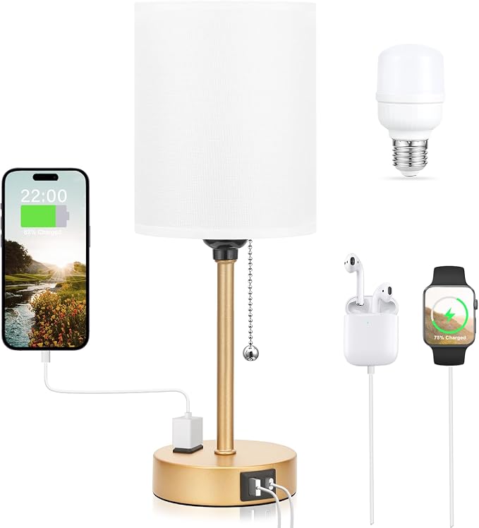 Small Bedside Lamp for Nightstand, Gold Desk Lamp for Dorm Room Bedroom | USB A+C Ports, AC Outlet, 3 Color Temperatures, LED Bulb Included, White Fabric Shade, Gold Brass Base, 14" Night Stand Lamp