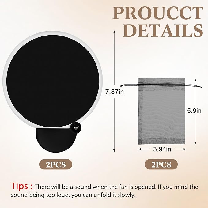 Roowest 2 Pcs 7.87“ Round Sublimation Blank Foldable Fan with Bag Polyester Colored Portable Handheld Compact Fold up Flying Disc Fans for Summer Wedding Graduation Party Favor (Black)