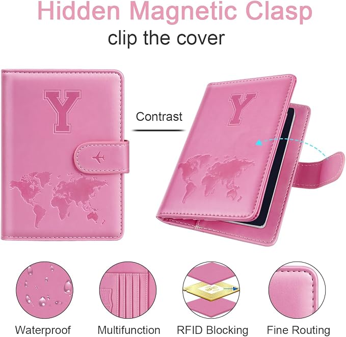 Passport Holder Cover Initial Letter A-Z Travel Wallet Personalized | Travel Essentials, Embossed Design, RFID Blocking, Personalized Gift, Passport Book Holders for Women and Girls, Pink-Y