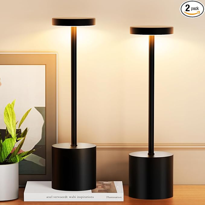 Cordless Table Lamp Set of 2, 5000mAh Rechargeable Lamp with Touch Control & Stepless Dimming, 3 Light Modes, IP54 Waterproof Portable Light for Dining Table, Patio, Bedroom, Power Outage (Black)
