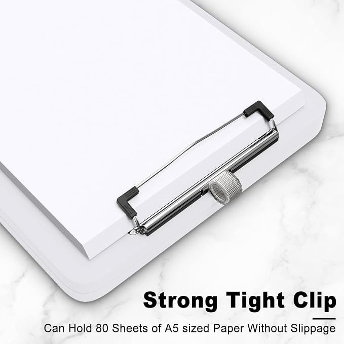 Hongri A5 Clipboard with Storage, Metal Retractable Pen Holder, White | 6 x 9'' Nursing Plastic Foldable Clip Board, Size 9.4 x 6.1 x 0.9 in, Menu Box for Work, Office & School Supplies